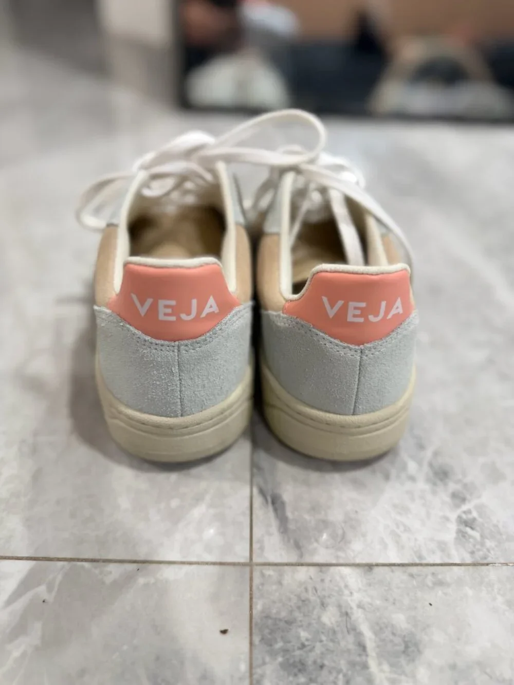 Veja Women's Sneakers in Cream, Beige & Navy with Coral Heel Tab